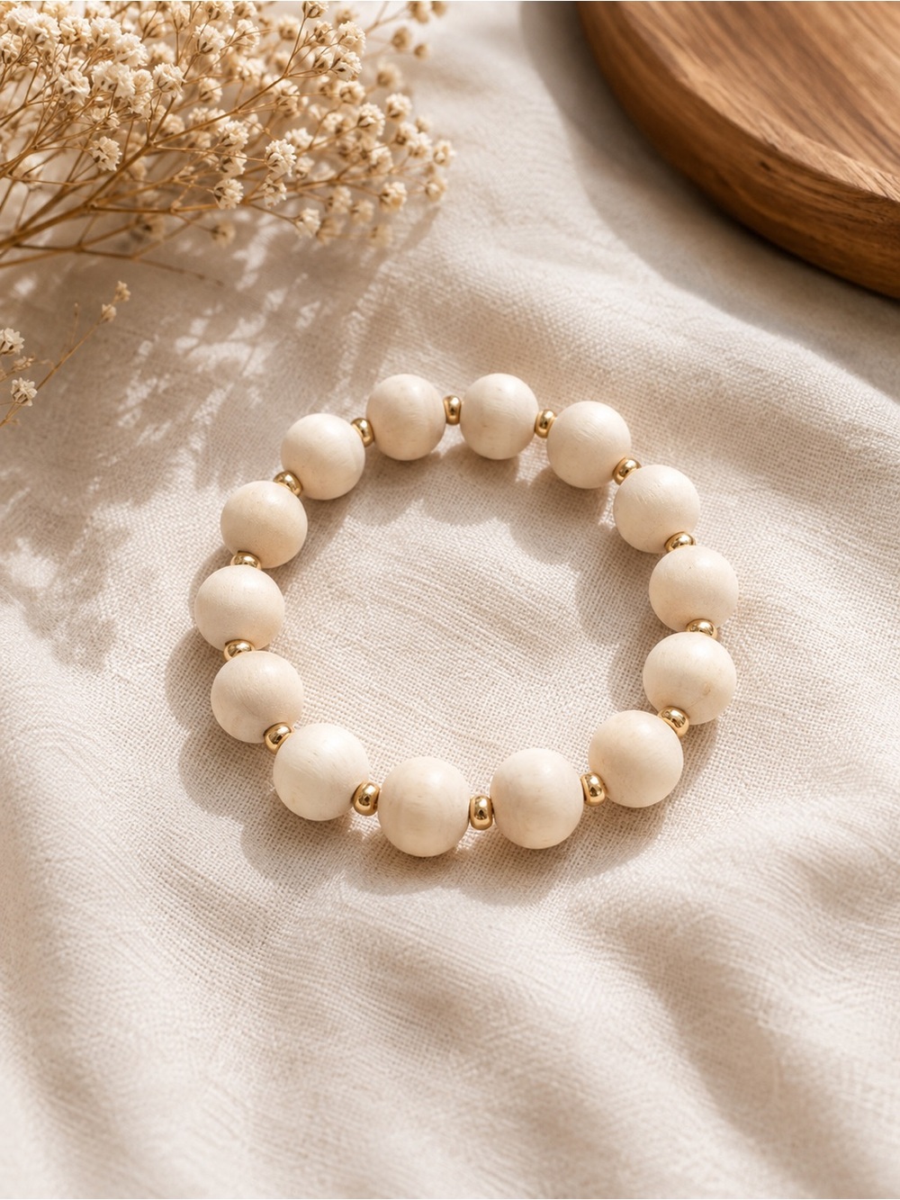 Cream Beaded Stretch Bracelet with Gold Accents